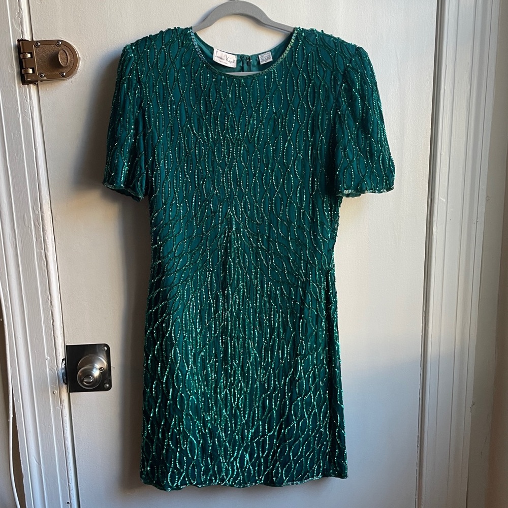 SOLD Emerald green vintage Laurence Kazar sequin cocktail dress